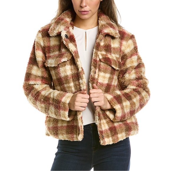 Avec Les Filles Plaid Faux Shearling Trucker Jacket Shacket Tan Size S - Picture 1 of 11